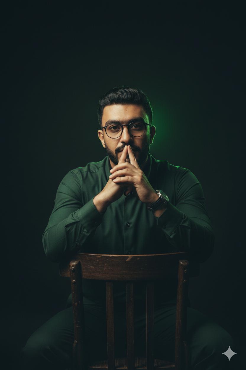 Andrew Ayad, seated with hands clasped, wearing a dark green shirt against a deep green backdrop